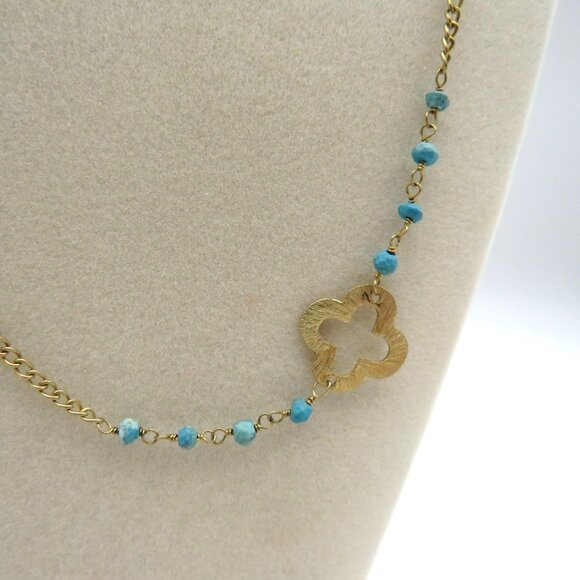 Station Necklace 17" Turquoise Beads Clover Charms Gold Tone Handmade In India - Picture 2 of 6